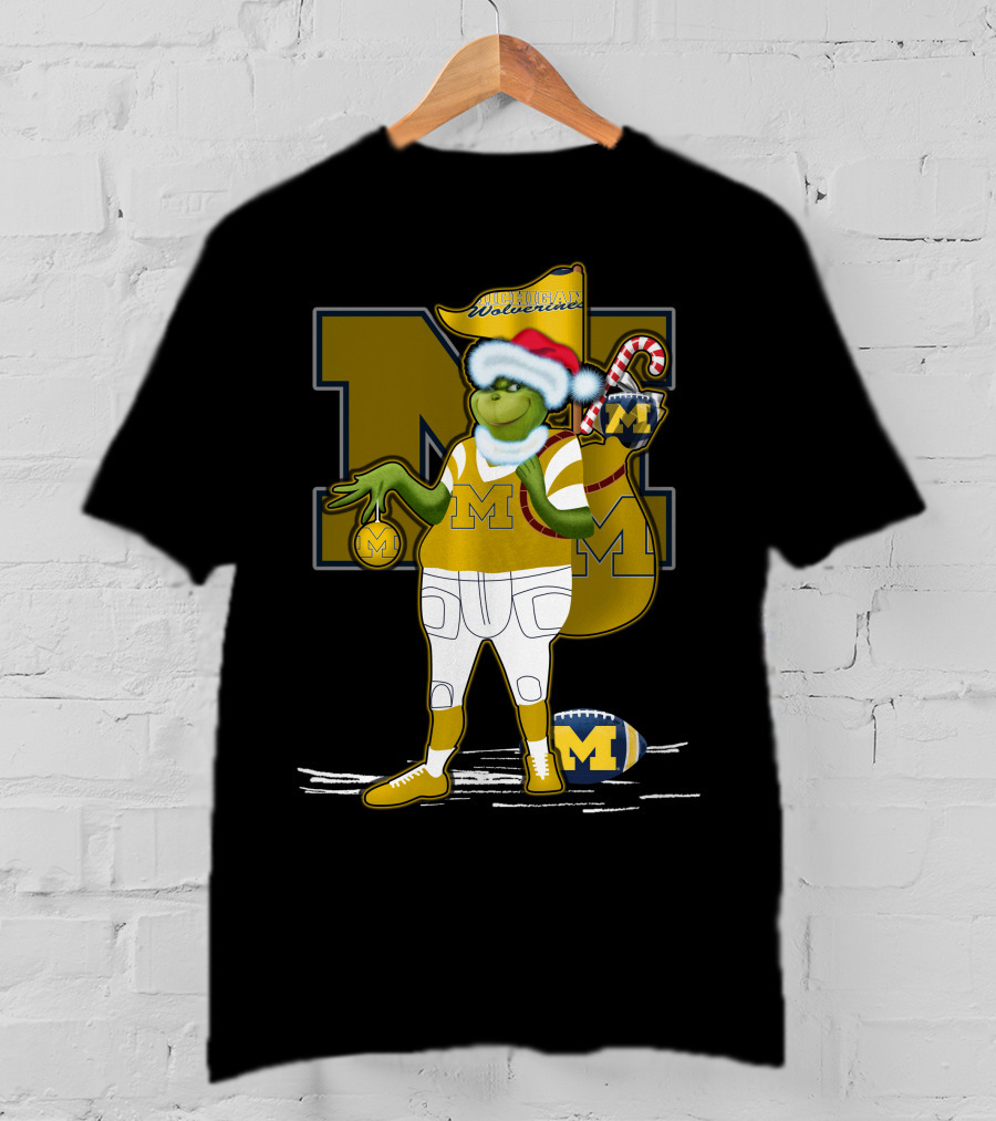 Grinchxmas Michigan Wolverines Santa Hat Football Candy Cane T-Shirt