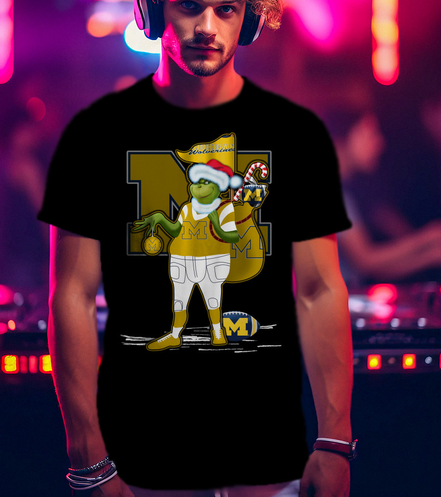 Grinchxmas Michigan Wolverines Santa Hat Football Candy Cane T-Shirt