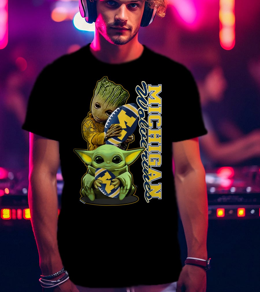Michigan Wolverines Grogu And Groot Football T-Shirt
