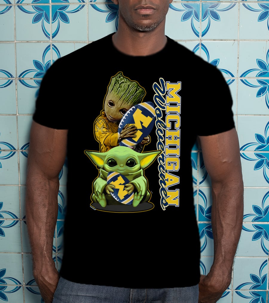 Michigan Wolverines Grogu And Groot Football T-Shirt