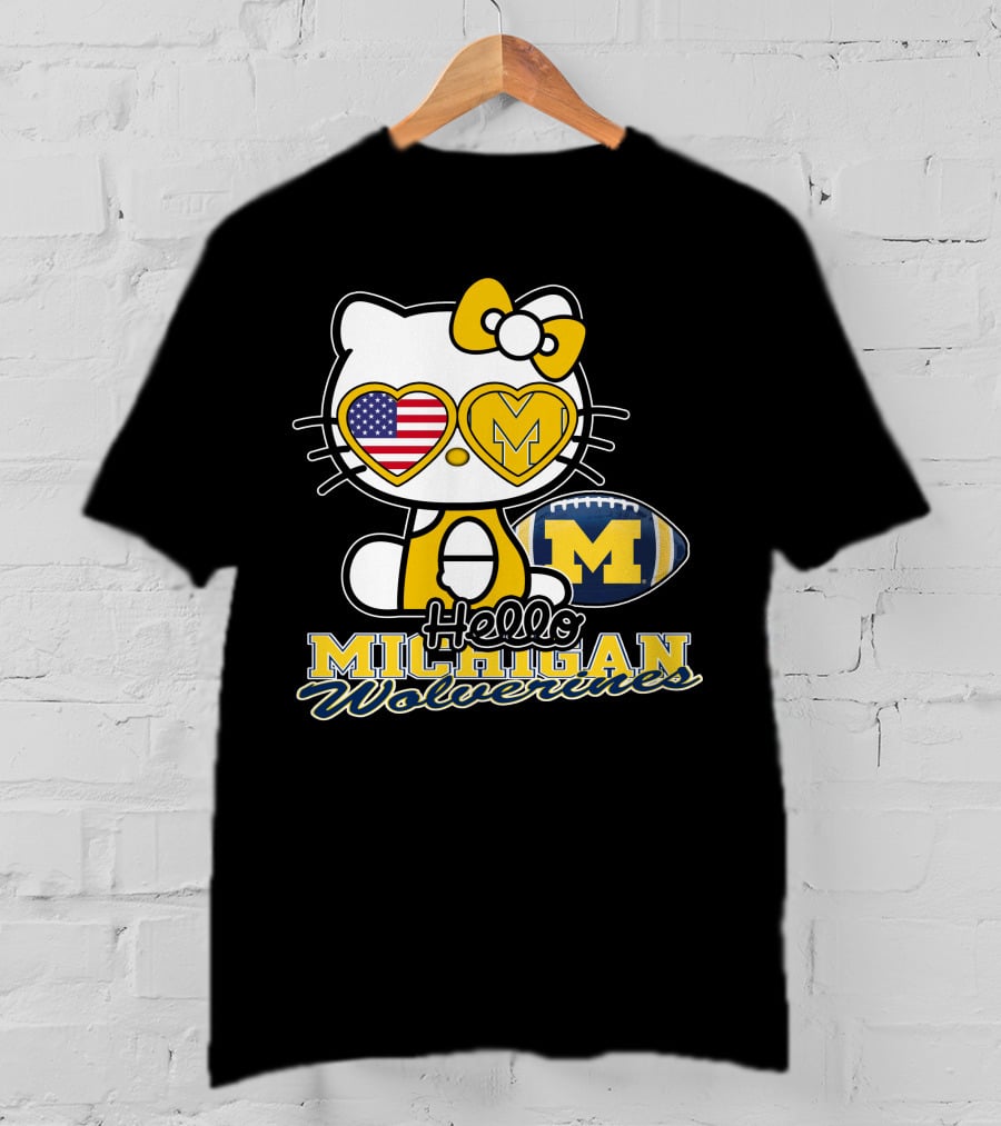 Hello Kitty Michigan Wolverines American Flag Football T-Shirt