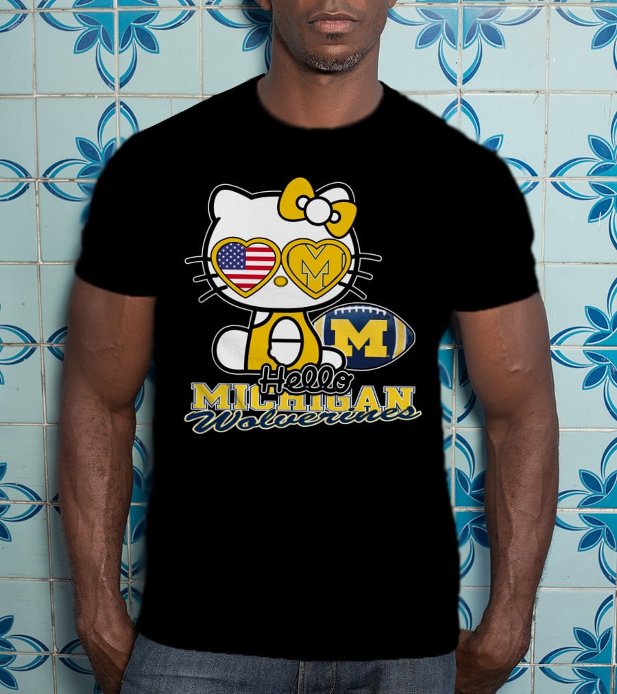 Hello Kitty Michigan Wolverines American Flag Football T-Shirt