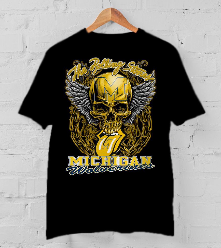 The Rolling Stones Michigan Wolverines Skull With Winged Helmet And Classic Tongue T-Shirt