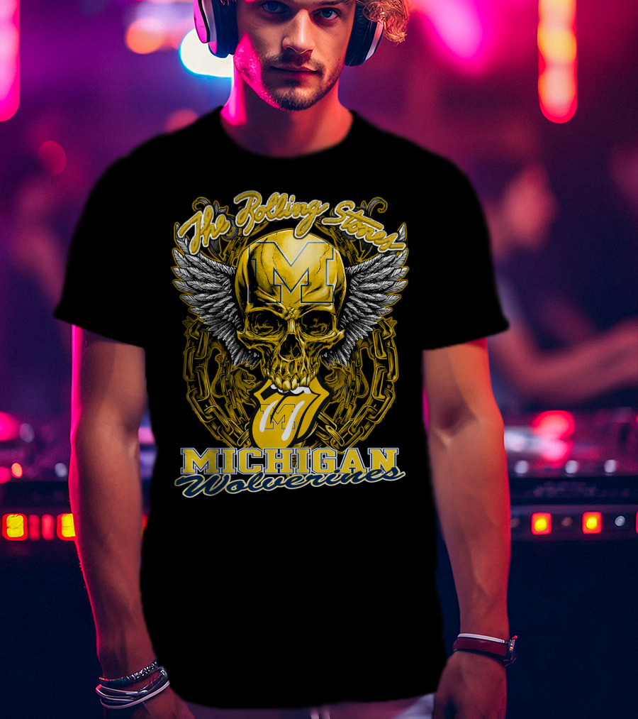 The Rolling Stones Michigan Wolverines Skull With Winged Helmet And Classic Tongue T-Shirt