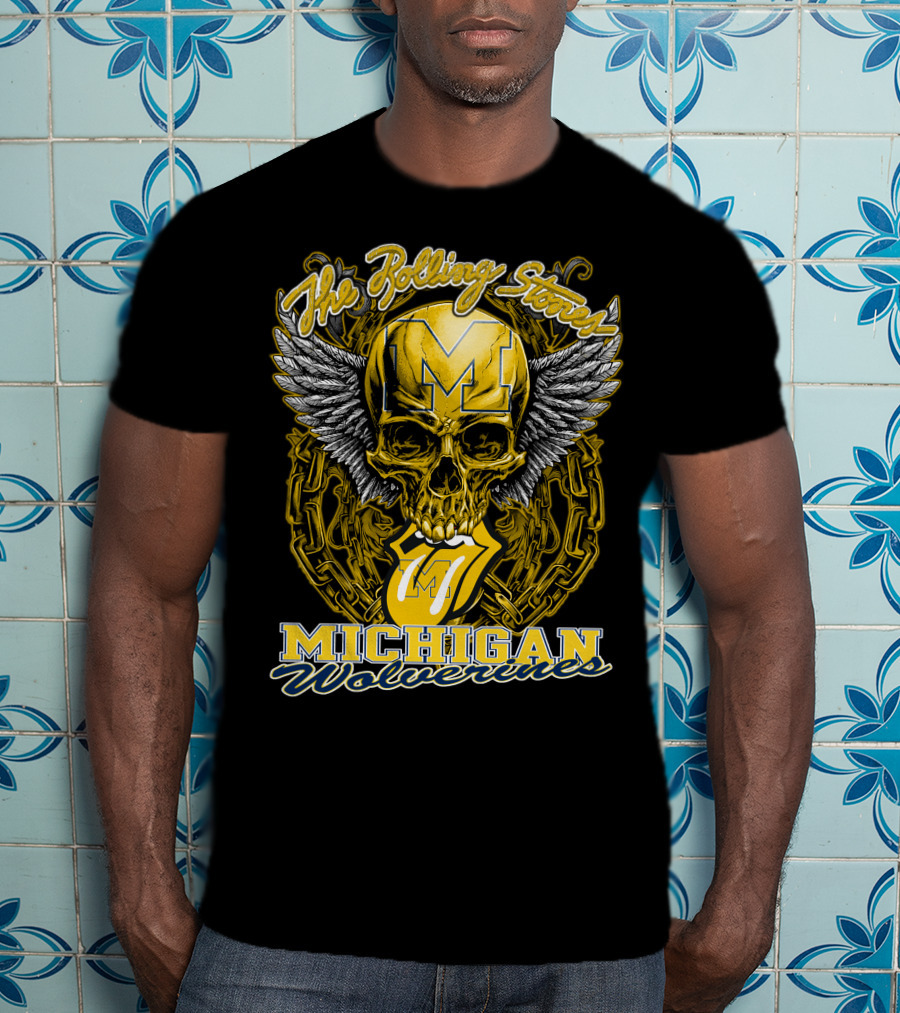 The Rolling Stones Michigan Wolverines Skull With Winged Helmet And Classic Tongue T-Shirt