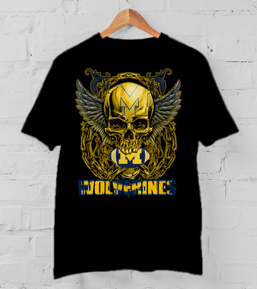 Skullfb Wolverines M Winged Skull And Football Michigan T-Shirt