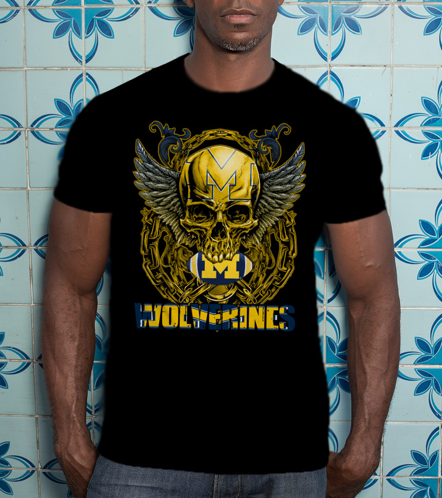 Skullfb Wolverines M Winged Skull And Football Michigan T-Shirt