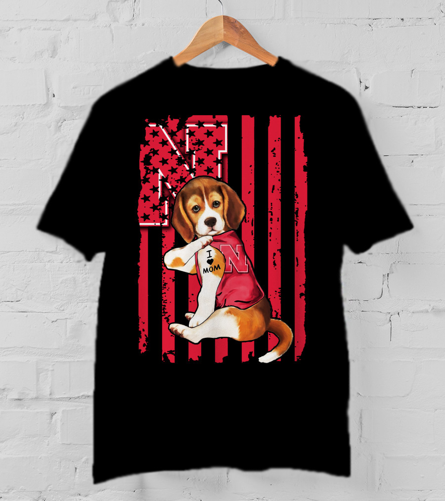 Beagle I Love Mom Nebraska Cornhuskers American Flag Stars And Stripes Football T-Shirt