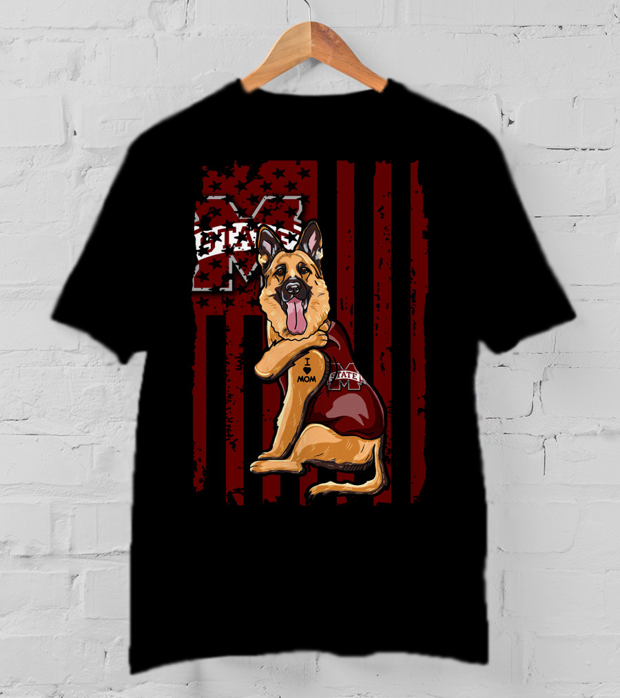 German Shepherd Mississippi State Bulldogs Flag I Love Mom T-Shirt