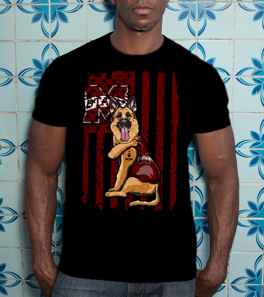 German Shepherd Mississippi State Bulldogs Flag I Love Mom T-Shirt
