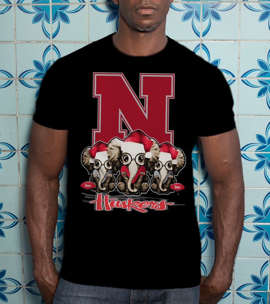 Elephan Xmas Nebraska Huskers Santa Hat Trio T-Shirt