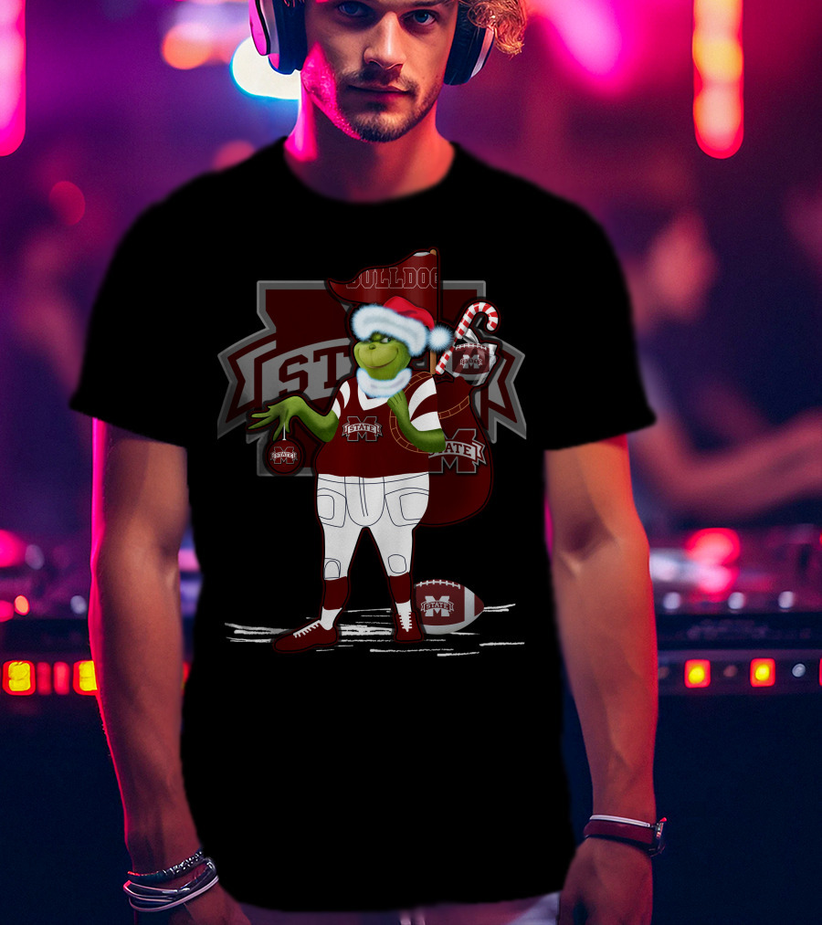Grinchxmas Mississippi State Bulldogs Christmas Football Santa Dog T-Shirt