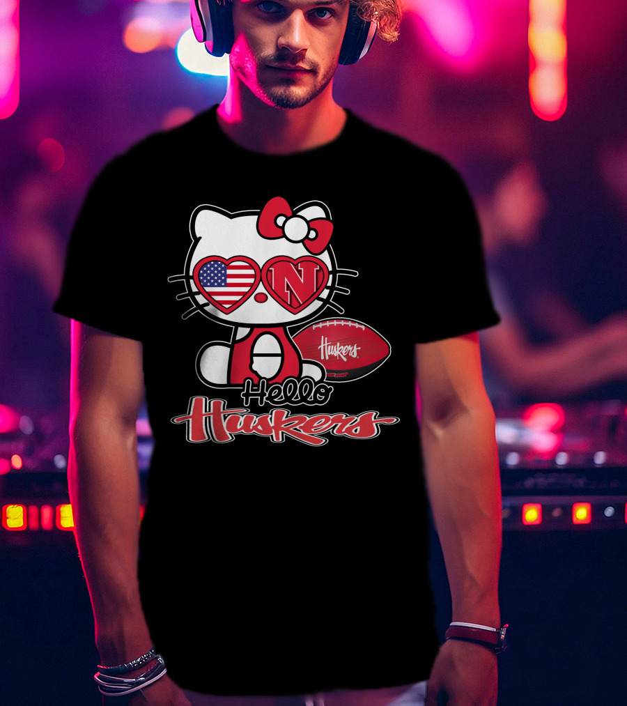 Hello Kitty Huskers Nebraska Football Heart Flag T-Shirt