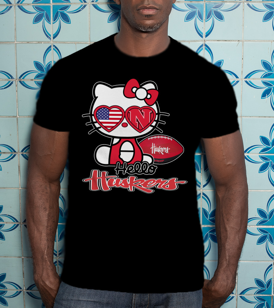 Hello Kitty Huskers Nebraska Football Heart Flag T-Shirt