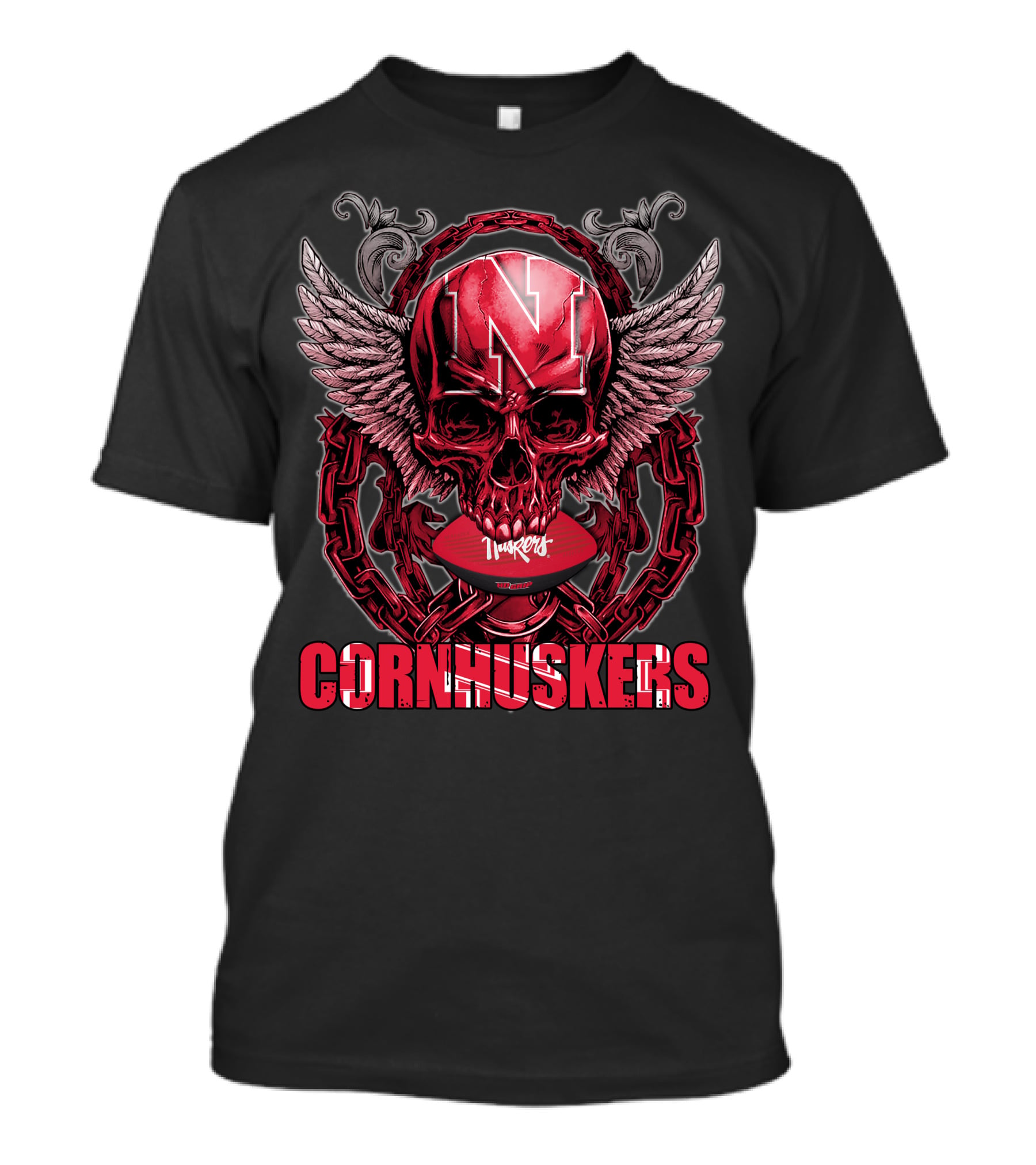 Nebraska Cornhuskers Winged Skull With Chain And Football Helmet Decor T-Shirt