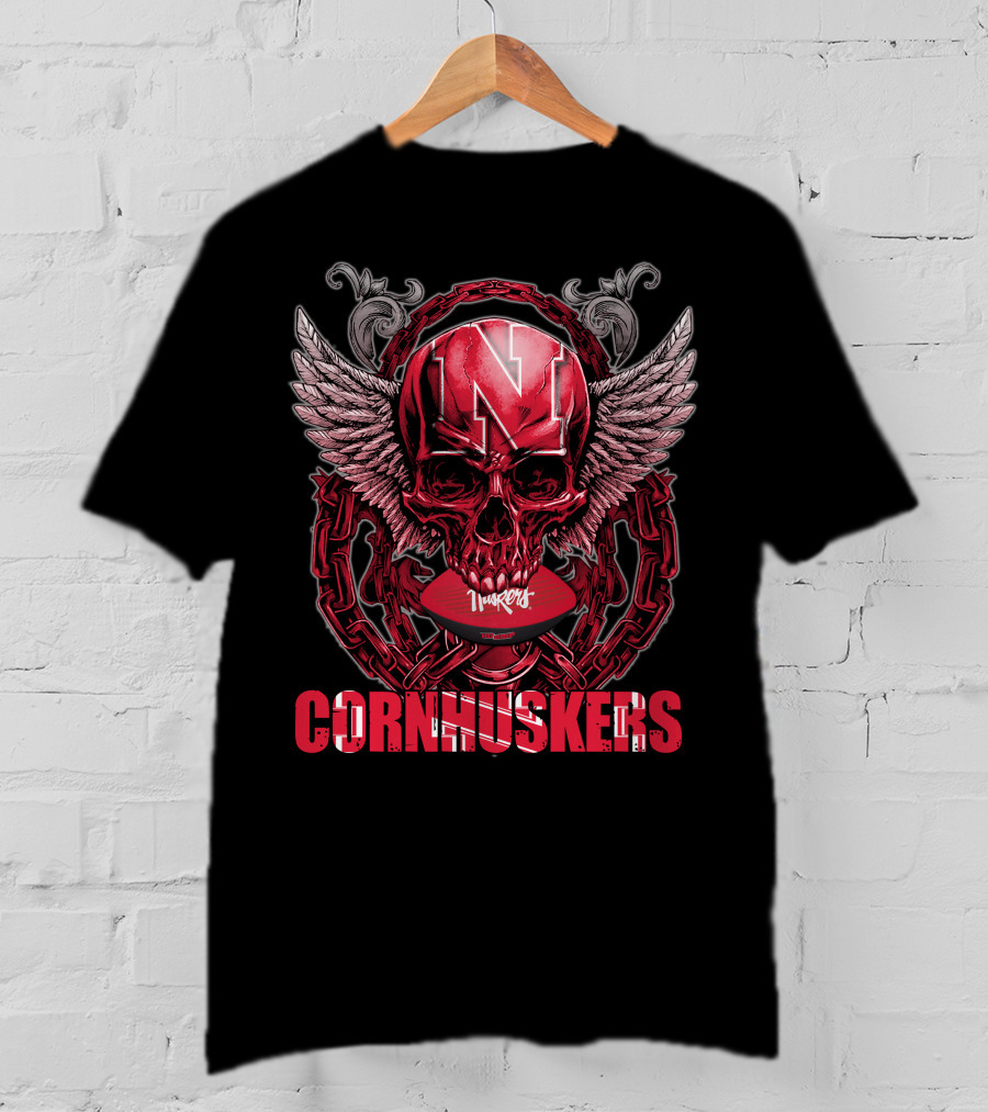 Nebraska Cornhuskers Winged Skull With Chain And Football Helmet Decor T-Shirt