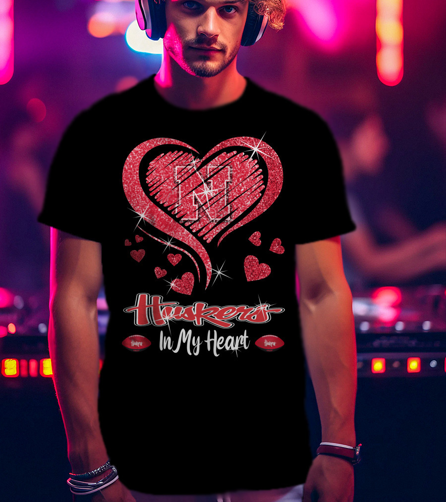 Huskers In My Heart Nebraska Cornhuskers Football Hearts T-Shirt