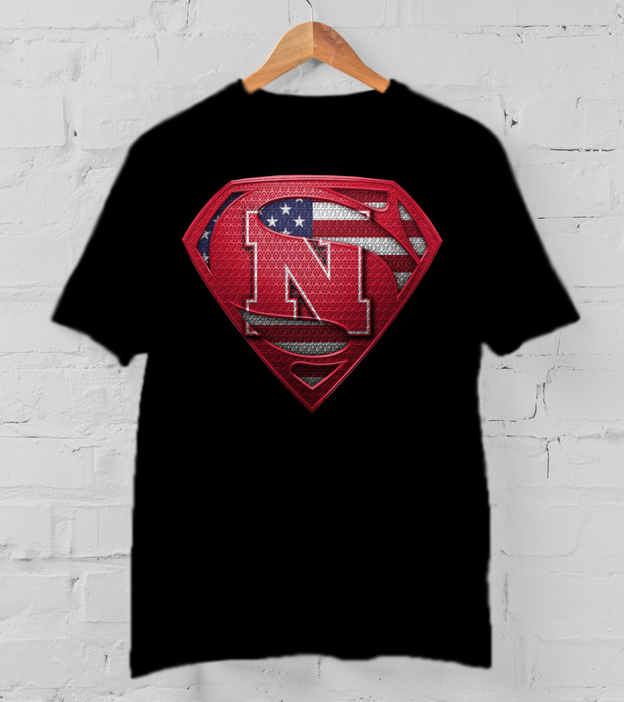 Superman Logo Style Nebraska Cornhuskers With American Flag Theme T-Shirt