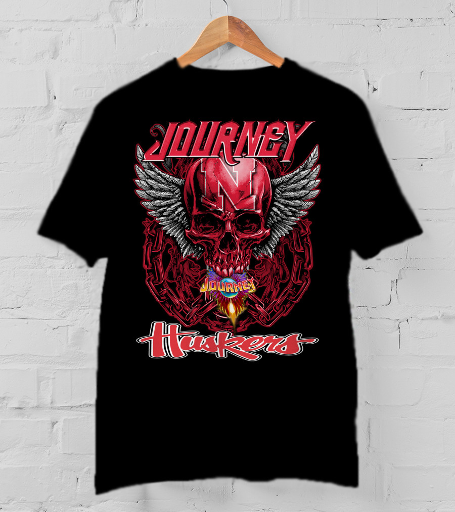 Journey Nebraska Cornhuskers Huskers Skull Winged Flame T-Shirt
