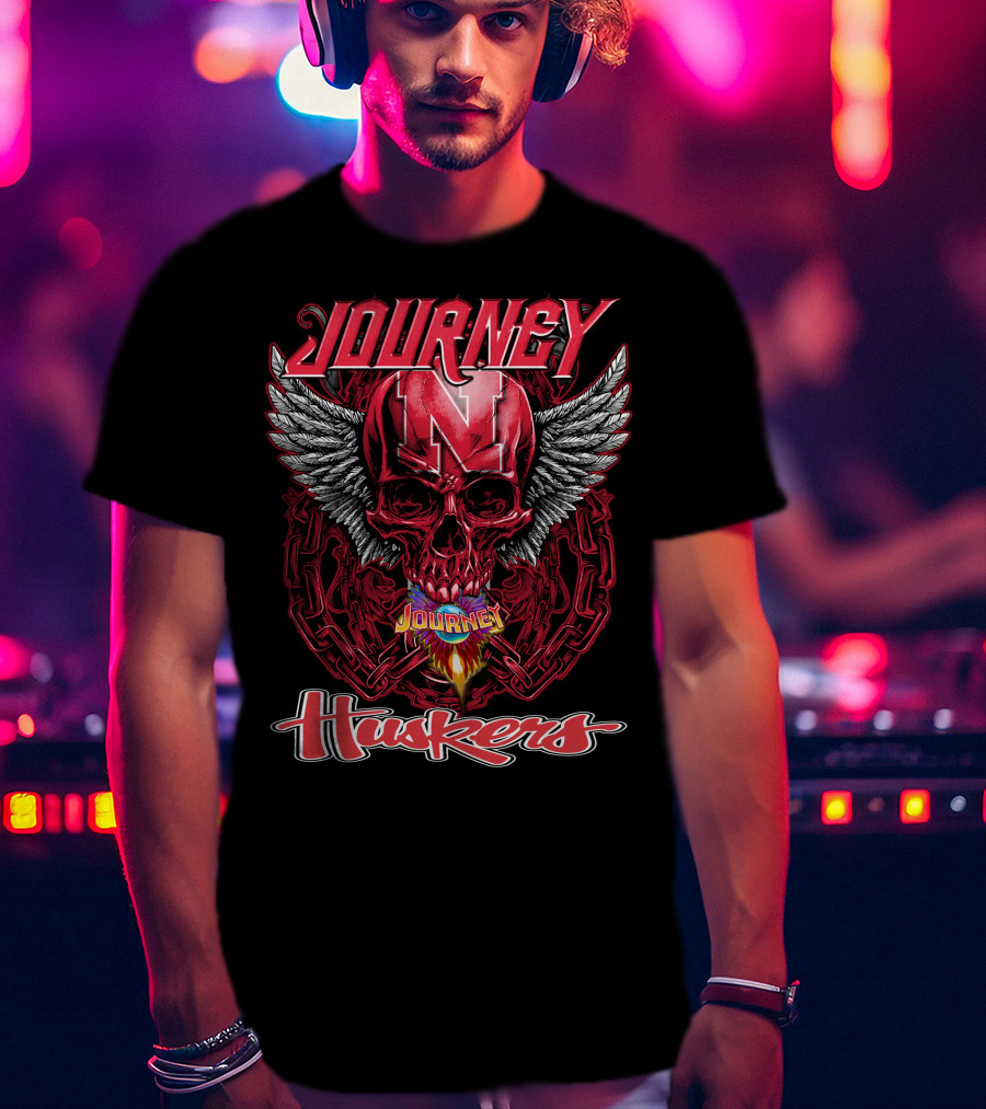Journey Nebraska Cornhuskers Huskers Skull Winged Flame T-Shirt