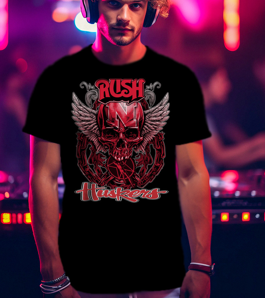 RUSH Nebraska Huskers Winged Skull Chain T-Shirt