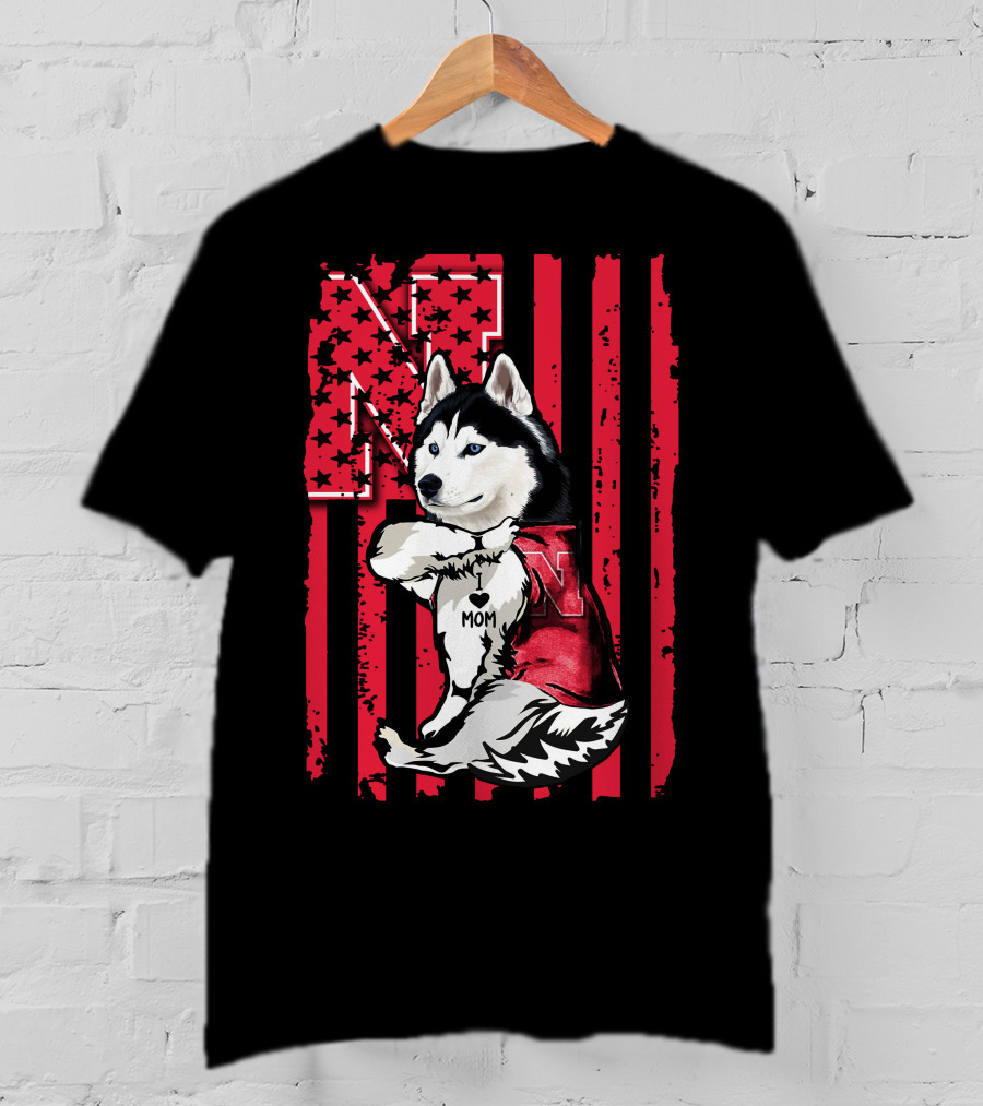 Siberian Husky Nebraska Cornhuskers I Love Mom American Flag T-Shirt