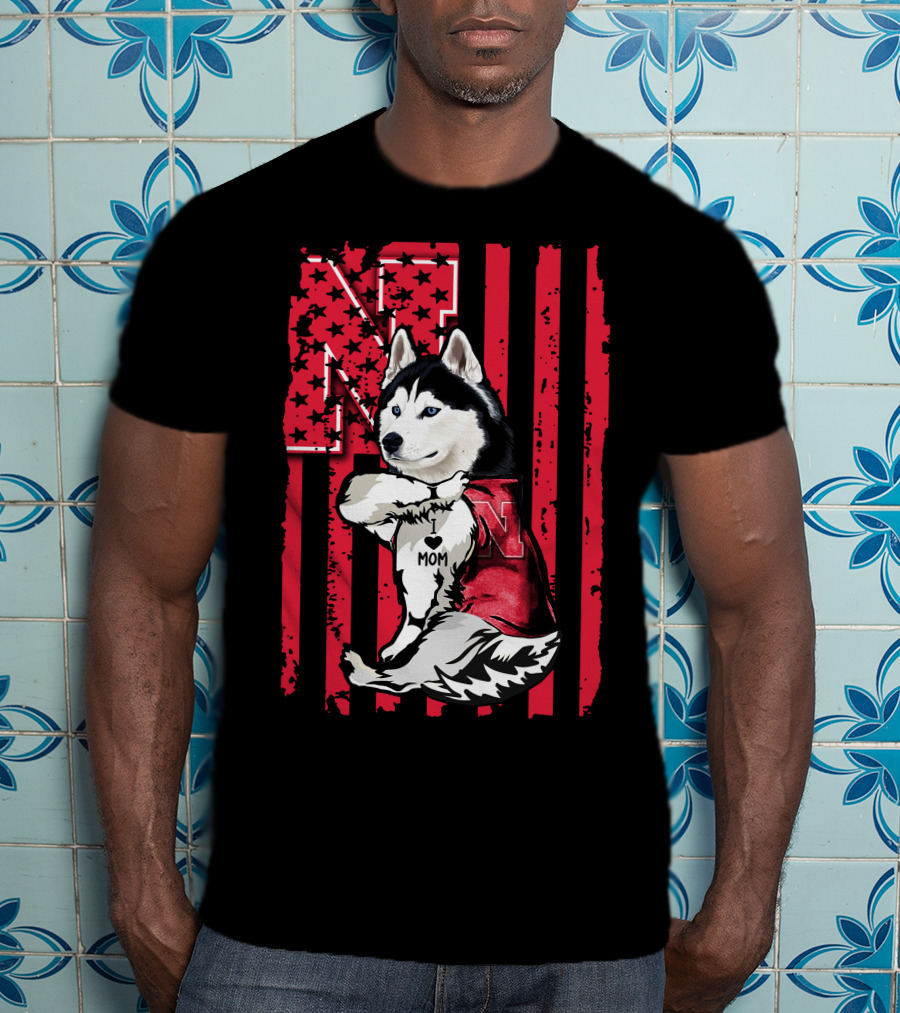 Siberian Husky Nebraska Cornhuskers I Love Mom American Flag T-Shirt