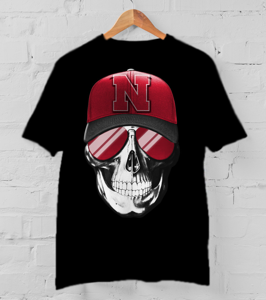 Skull Wearing Nebraska Cornhuskers Red N Cap With Sunglasses T-Shirt