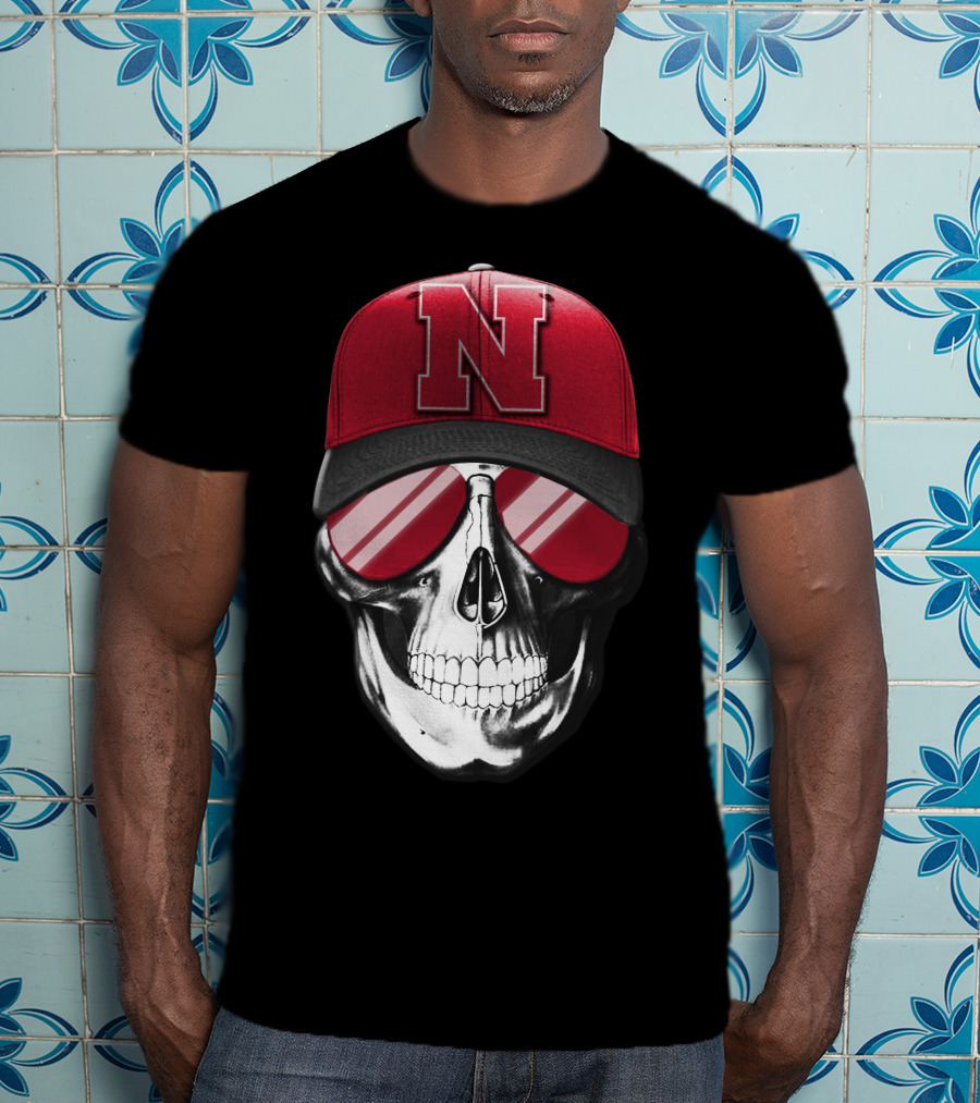 Skull Wearing Nebraska Cornhuskers Red N Cap With Sunglasses T-Shirt