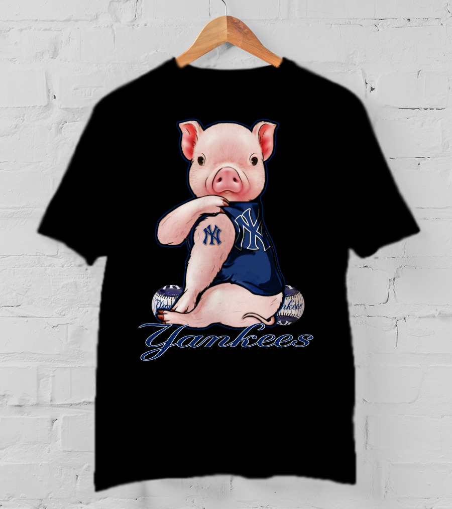Pig Yankees Baseball Fan With NY Tattoo T-Shirt