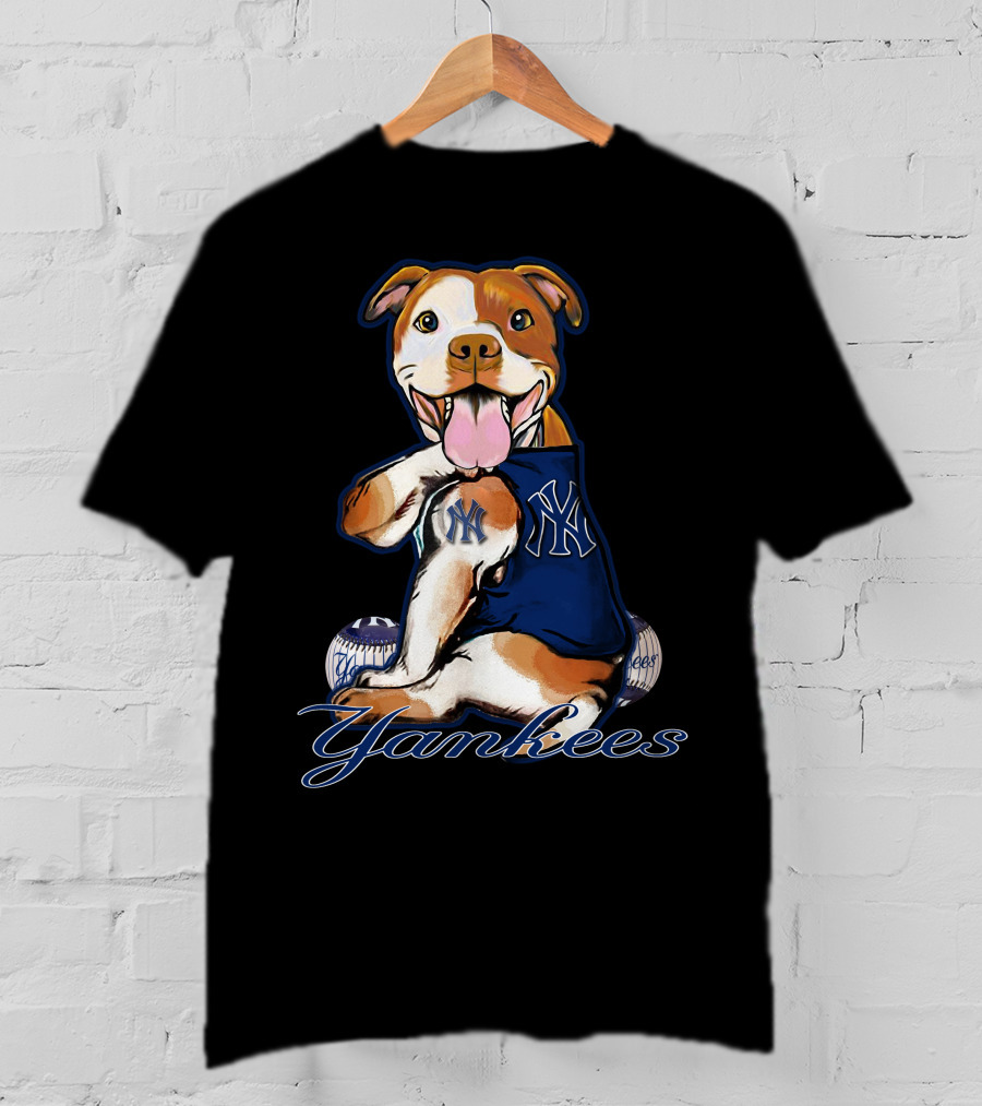Pittbull Yankees Dog With New York Yankees Baseball Elements T-Shirt