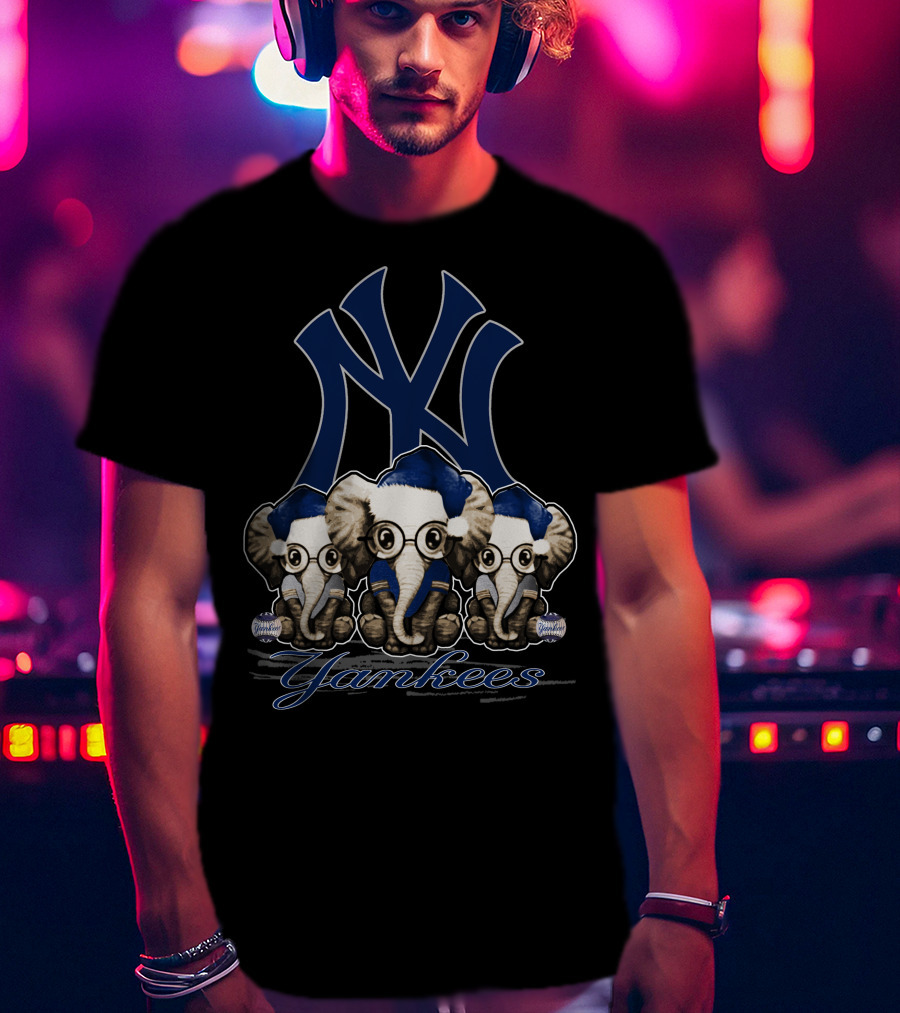 Elephant Xmas New York Yankees Blue Santa Hat Trio T-Shirt