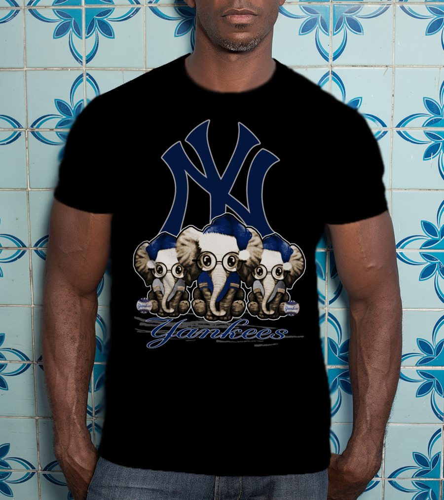 Elephant Xmas New York Yankees Blue Santa Hat Trio T-Shirt