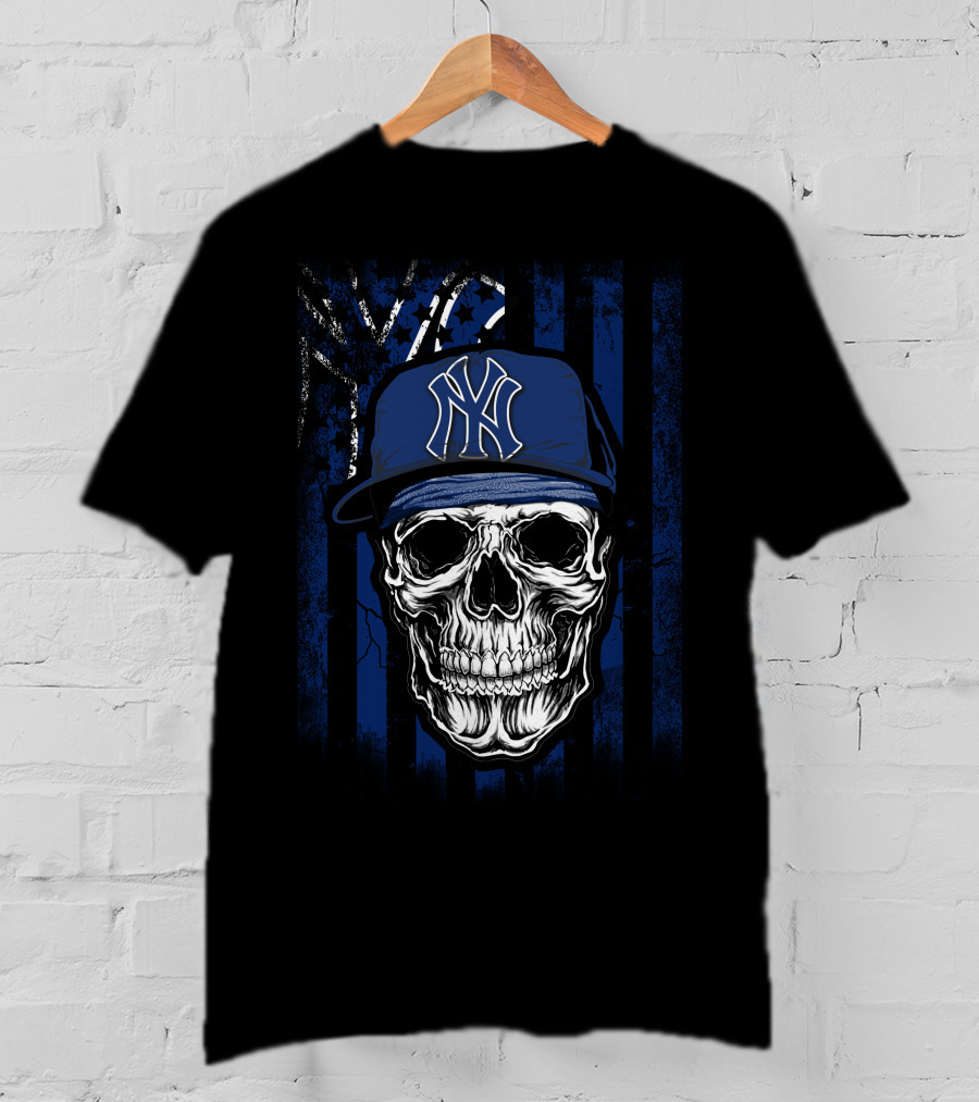 Skull Wearing New York Yankees Cap With Blue T-Shirt