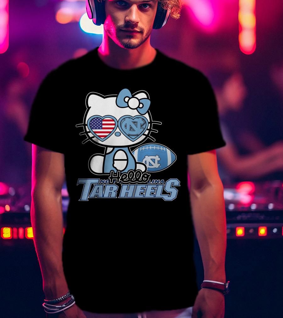 Hello Kitty North Carolina Tar Heels Football American Flag Heart T-Shirt