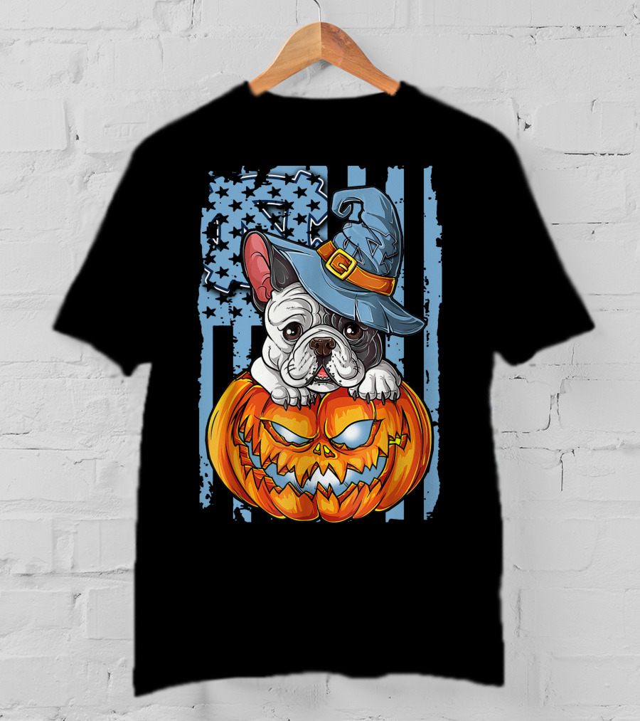Bulldog With Witch Hat On Jack-o'-Lantern North Carolina Tar Heels Halloween T-Shirt