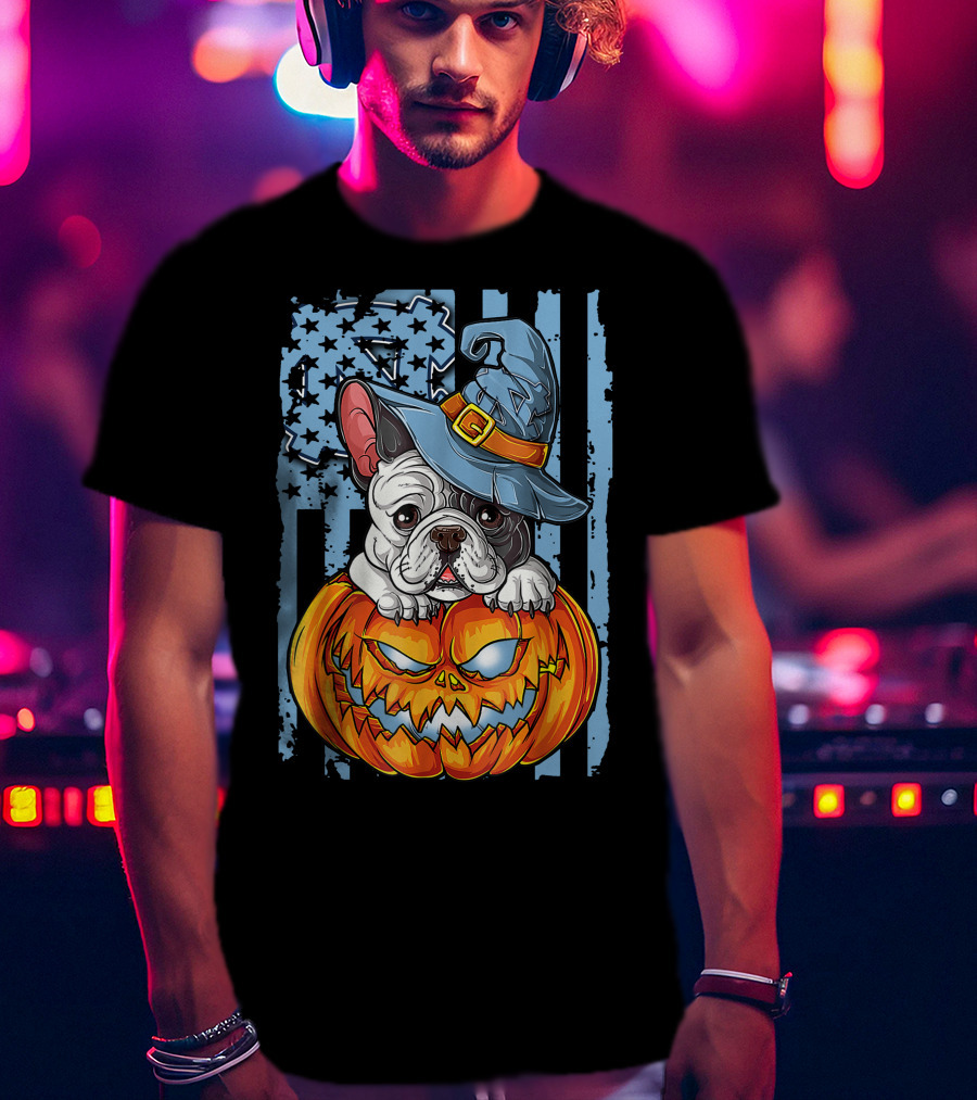 Bulldog With Witch Hat On Jack-o'-Lantern North Carolina Tar Heels Halloween T-Shirt
