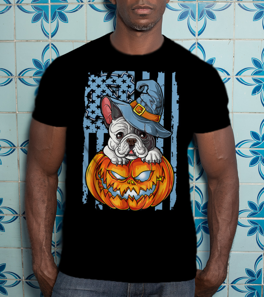 Bulldog With Witch Hat On Jack-o'-Lantern North Carolina Tar Heels Halloween T-Shirt
