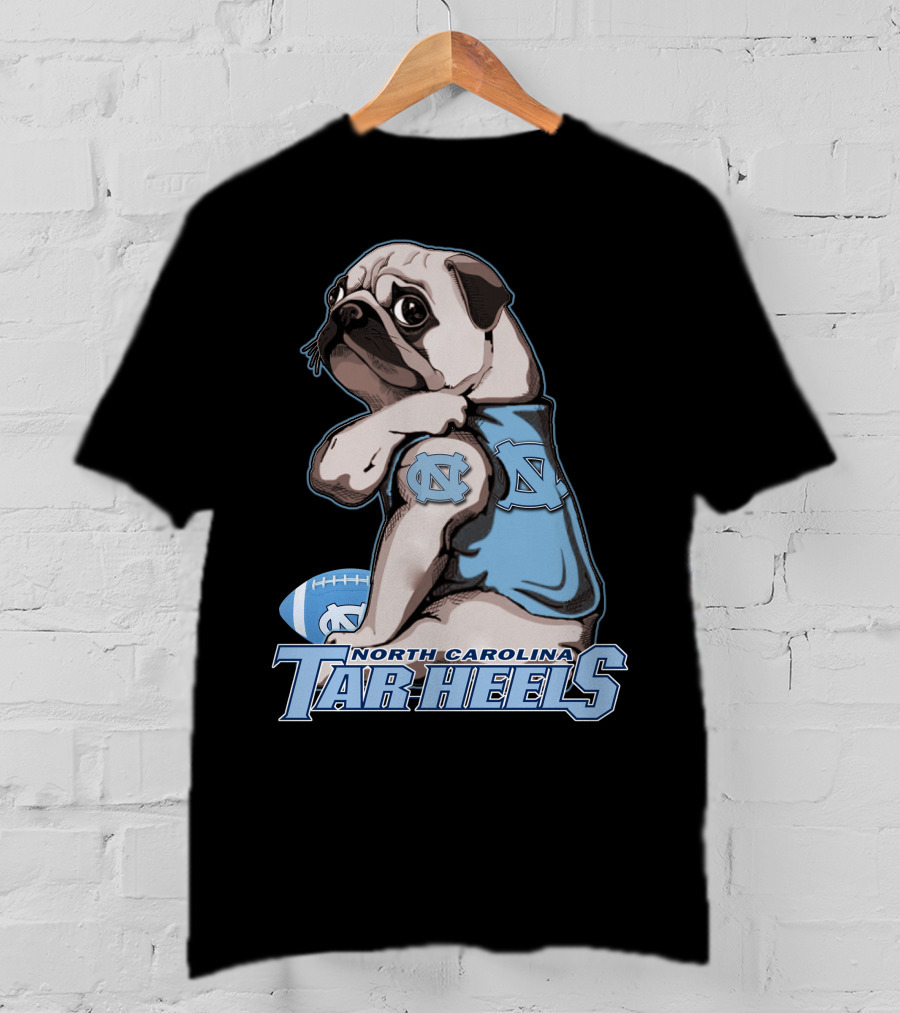 Pug Wearing North Carolina Tar Heels Sports Jersey With Football T-Shirt