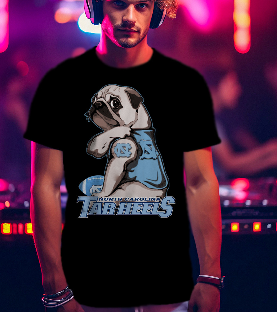 Pug Wearing North Carolina Tar Heels Sports Jersey With Football T-Shirt