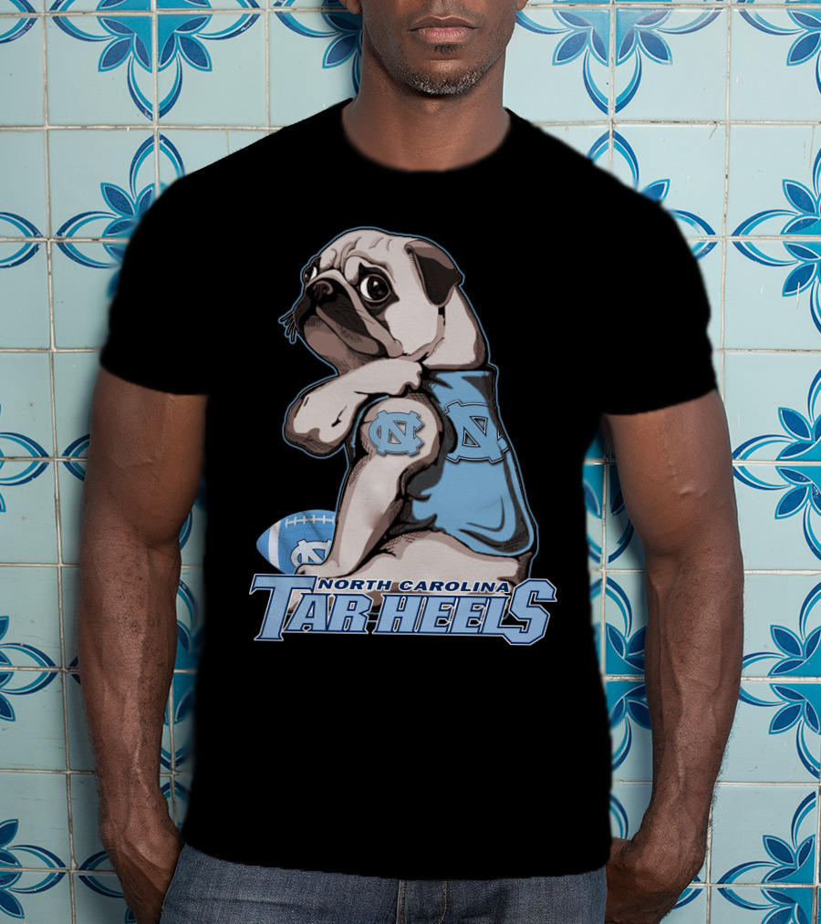 Pug Wearing North Carolina Tar Heels Sports Jersey With Football T-Shirt