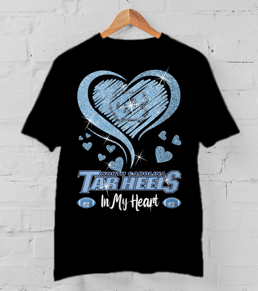 North Carolina Tar Heels In My Heart Sparkling Logo And Footballs T-Shirt