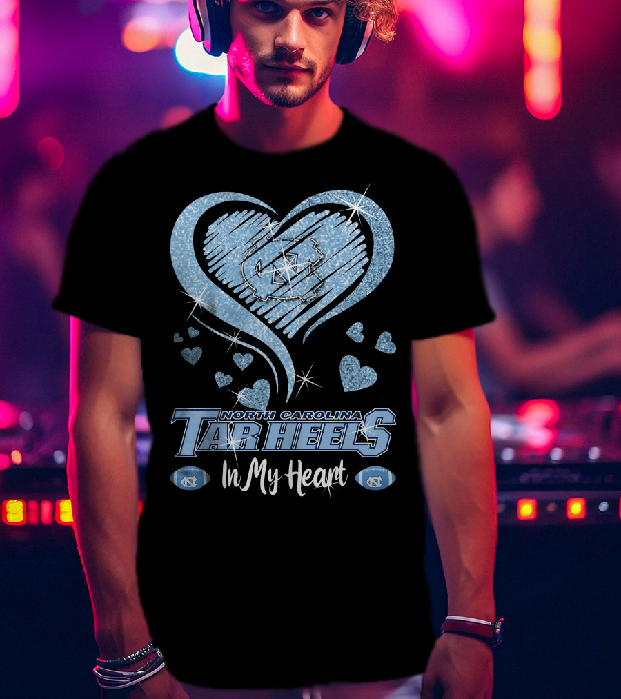 North Carolina Tar Heels In My Heart Sparkling Logo And Footballs T-Shirt
