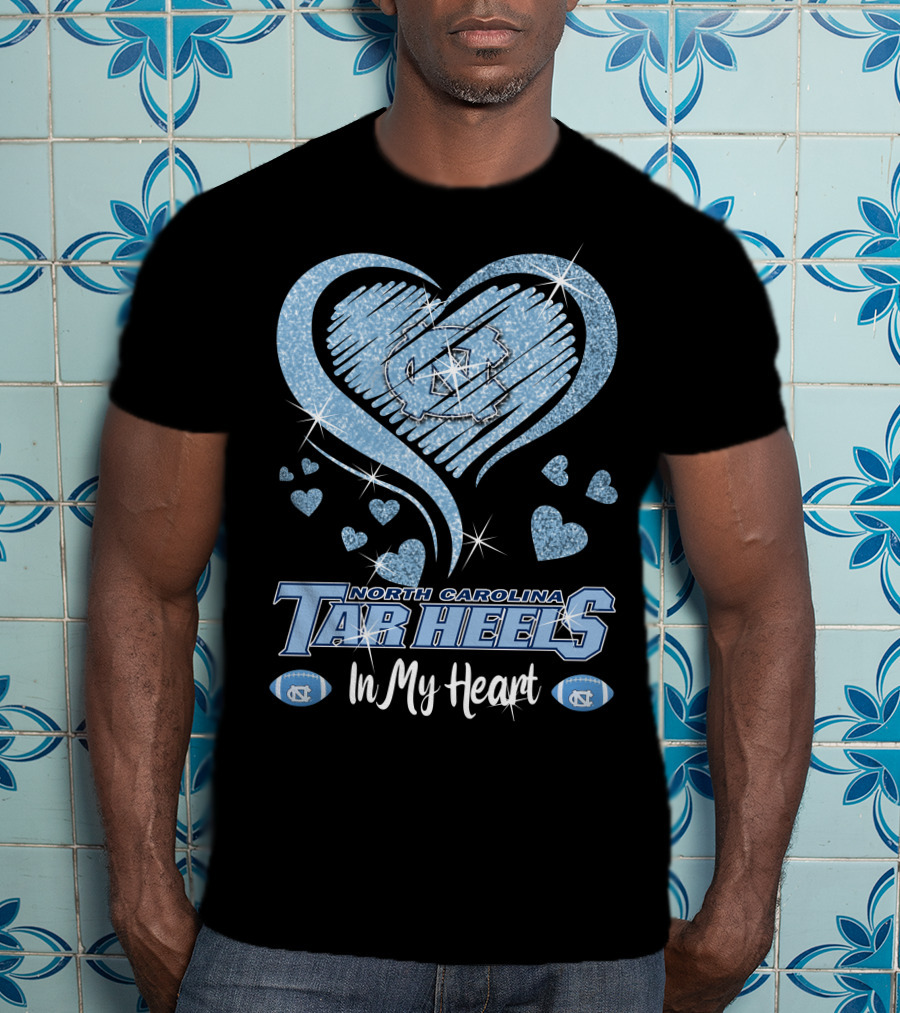 North Carolina Tar Heels In My Heart Sparkling Logo And Footballs T-Shirt