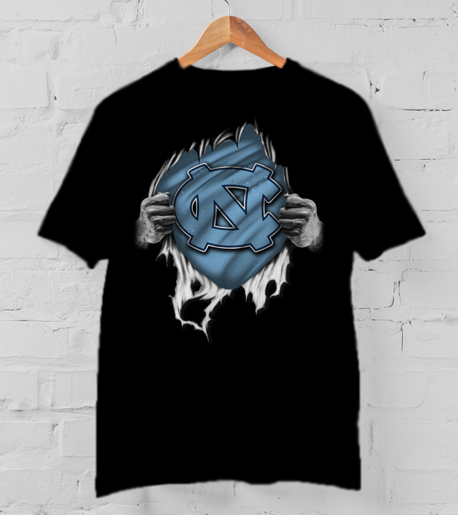 Torn North Carolina Tar Heels Ripped Logo Hands Pulling Apart T-Shirt
