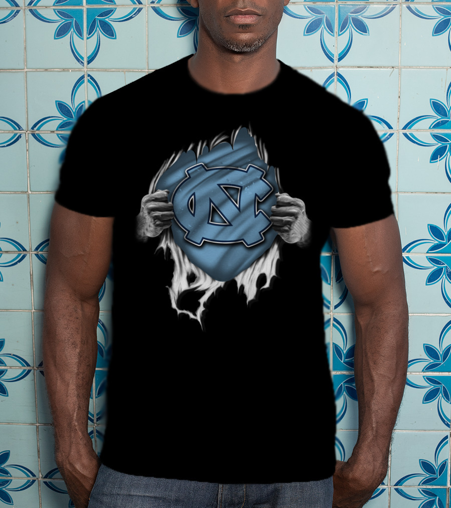 Torn North Carolina Tar Heels Ripped Logo Hands Pulling Apart T-Shirt