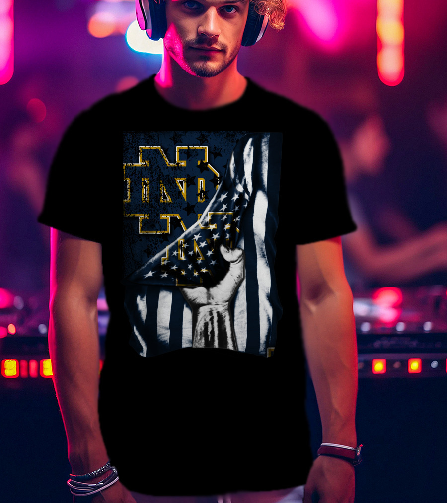 Notre Dame Fighting Irish ND Logo With American Flag Background T-Shirt