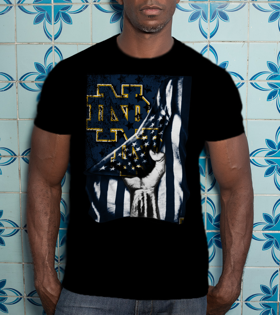 Notre Dame Fighting Irish ND Logo With American Flag Background T-Shirt