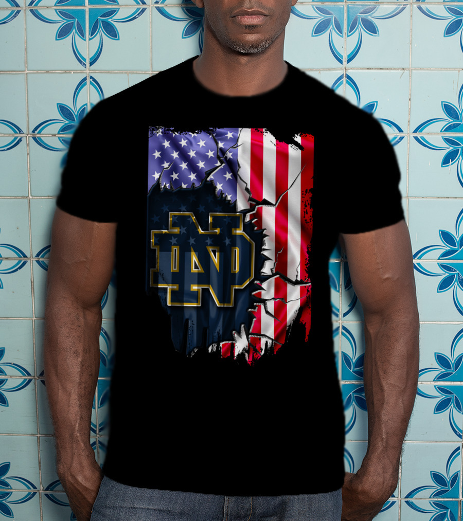 American Flag With Notre Dame ND Monogram Fighting Irish T-Shirt