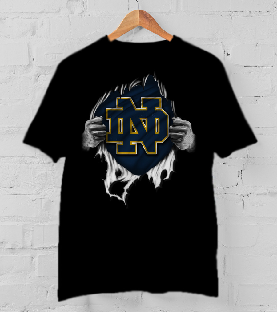 Torn Notre Dame Fighting Irish ND Logo Peeking Through Ripped Fabric With Hands T-Shirt